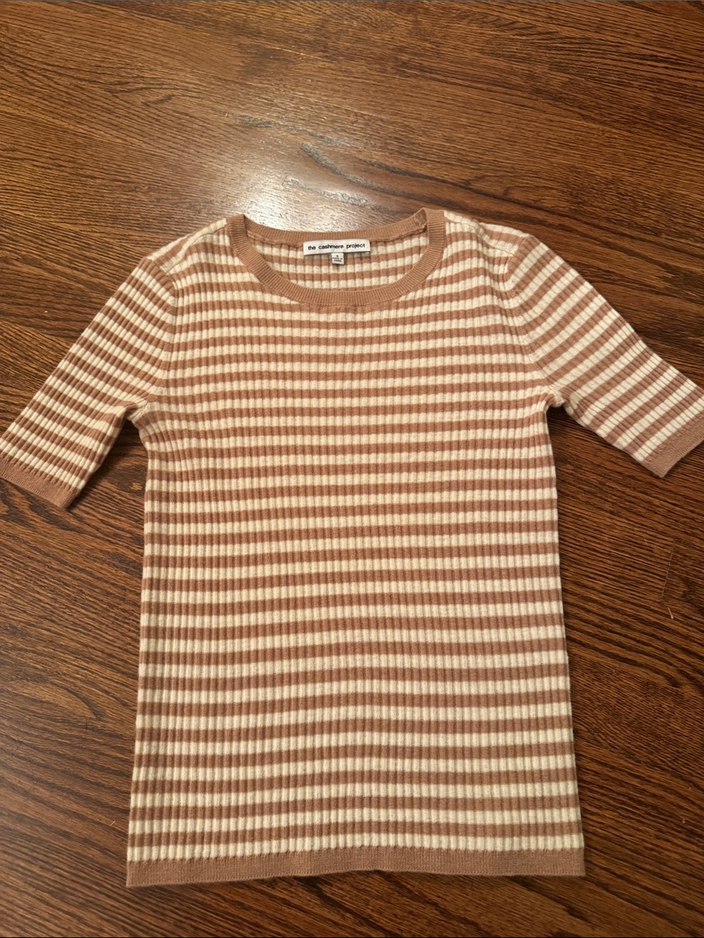The Cashmere Project Striped Rib-Knit Short Sleeve Top in Beige & Cream
